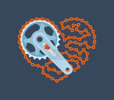 Vector colored bicycle crank with a chain forming a heart shape. Text: I LOVE THE BIKE. Isolated on blue background.