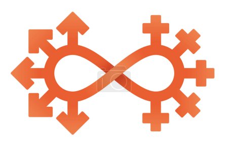 Illustration for Vector orange symbol of man and women intertwined together. Symbol of bigamy. Symbol of infinity. Isolated on white background - Royalty Free Image
