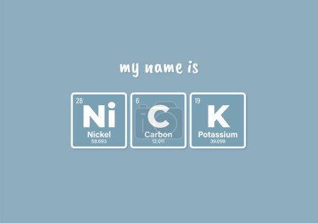 Illustration for Vector inscription name NICK composed of individual elements of the periodic table. Text: My name is. Purple background - Royalty Free Image
