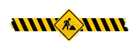 Illustration for Vector yellow sign - black silhouette figure with a shovel and safety tape - roadwork. Isolated on white background. - Royalty Free Image