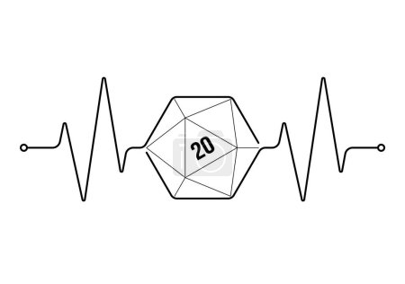 Vektor medizinische Pulslinie mit Symbol von 20 doppelseitigen Würfeln. Brettspiele. Weißer Hintergrund.