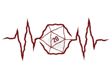 Vektor medizinische Pulslinie mit Symbol von 20 doppelseitigen Würfeln. Brettspiele. Weißer Hintergrund.
