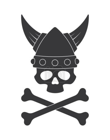 Ilustración de Cráneo vectorial con cráneos cruzados y casco vikingo con cuernos. Aislado sobre fondo blanco - Imagen libre de derechos