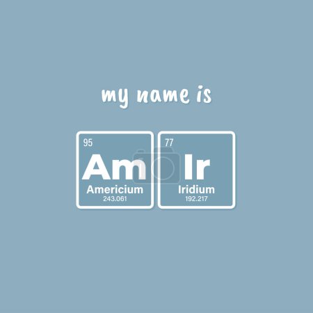 Nombre de inscripción vectorial AMIR compuesto de elementos individuales de la tabla periódica. Texto: Mi nombre es. Fondo azul