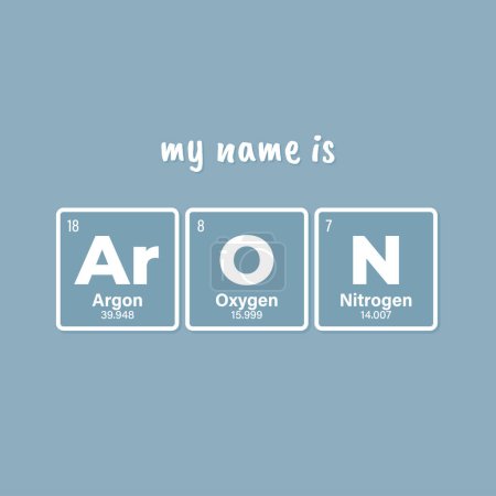 Vektorbezeichnung ARON, bestehend aus einzelnen Elementen des Periodensystems. Text: Mein Name ist. Blauer Hintergrund