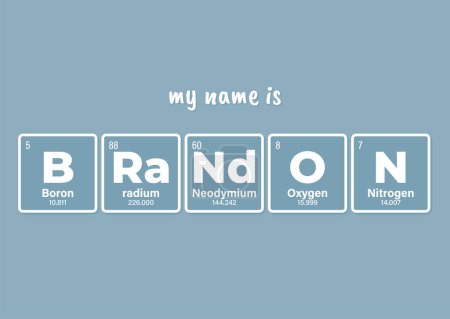 Vektorbezeichnung BRANDON, die sich aus einzelnen Elementen des Periodensystems zusammensetzt. Text: Mein Name ist. Blauer Hintergrund