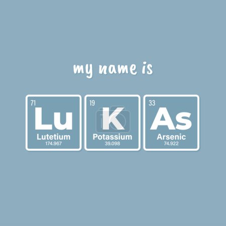 Nombre de inscripción vectorial LUKAS compuesto de elementos individuales de la tabla periódica. Texto: Mi nombre es. Fondo púrpura