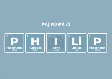 Nombre de inscripción vectorial PHILiP compuesto de elementos individuales de la tabla periódica. Texto: Mi nombre es. Fondo azul