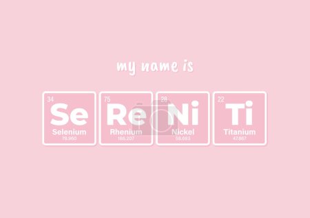 Vektorbezeichnung SERENITI, die sich aus einzelnen Elementen des Periodensystems zusammensetzt. Text: Mein Name ist. Lila Hintergrund