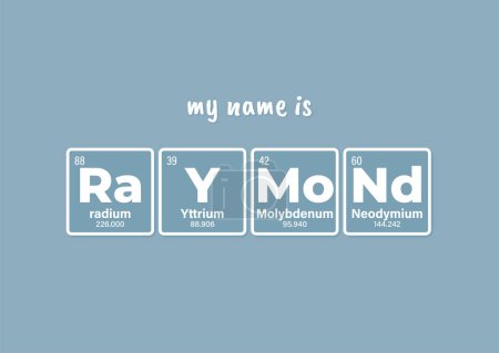 Vector inscription name RAYMOND composed of individual elements of the periodic table. Text: My name is. Blue background