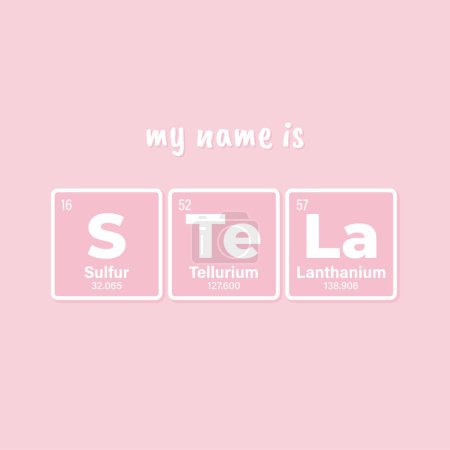 Nombre de inscripción vectorial STELA compuesto de elementos individuales de la tabla periódica. Texto: Mi nombre es. Fondo púrpura