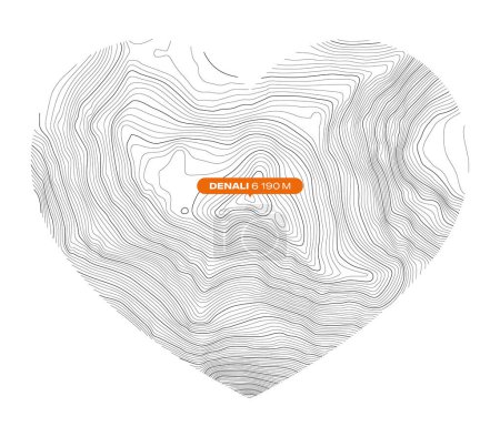 Fond vectoriel avec contour topographique texturé noir de la plus haute montagne de l'Amérique du Nord nommé Denali (Mont McKinley) formant un symbole de coeur. Fond blanc