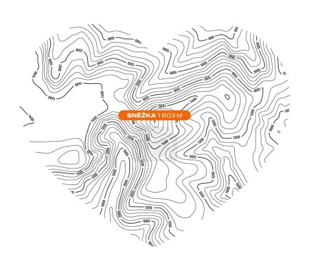 Fondo vectorial con contorno topográfico texturizado negro de la montaña más alta de la República Checa llamado Snezka formando un símbolo del corazón. Fondo blanco