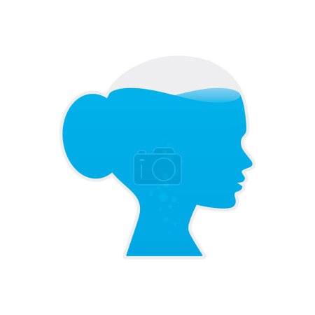 Vektorbild eines mit blauer Flüssigkeit gefüllten Frauenkopfes. Isoliert auf weißem Hintergrund