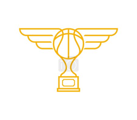 Plantilla vectorial emblema de copa de la victoria amarilla de una pelota de baloncesto con alas. Fondo aislado o blanco.