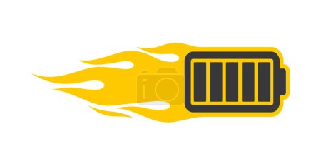 Vector black silhouette of flying yellow battery symbol with flames. Isolated on white background.