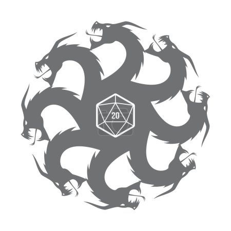 Vektor kreisförmiges Emblem, bestehend aus Drachenköpfen, innerhalb des Symbols von 20 doppelseitigen Würfeln. Brettspiele. Isoliert auf weißem Hintergrund.