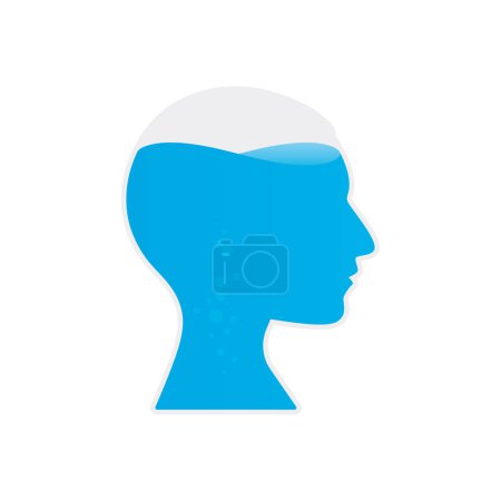Vektorbild eines männlichen Kopfes, der mit blauer Flüssigkeit gefüllt ist. Isoliert auf weißem Hintergrund