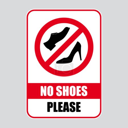 Vector red sign symbolizing the prohibition of wearing shoes. Text: No shoes Please.