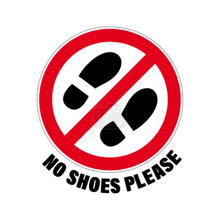 Vector red circular sign symbolizing the prohibition of wearing shoes. Text: No shoes Please. Isolated on white background