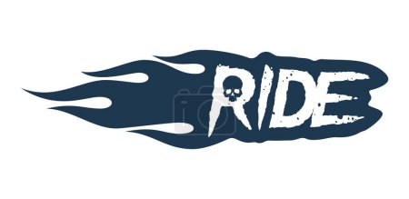 Vector black scratched and distorted RIDE text with flames and skull. Isolated on white background