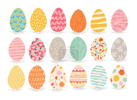 Téléchargez les photos : Collection d'œufs de Pâques de printemps avec des fleurs. Bundle d'œufs colorés mignons avec des motifs festifs en points, ornements géométriques ou floraux. Illustration vectorielle. Eléments graphiques dans le design plat. - en image libre de droit