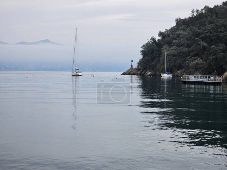 Portofino, Italy - Feburary 18, 2024: Beautiful winter landscape from the park of Portofino. Small marina port at the foot of mountain with a beautiful colourful houses village.