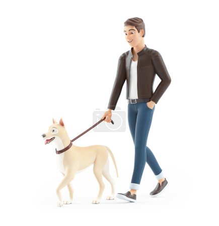 Photo for 3d cartoon man walking his dog, illustration isolated on white background - Royalty Free Image