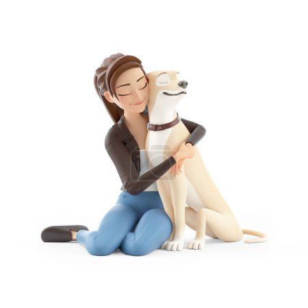 3d mujer de dibujos animados abrazando a su perro en el suelo, ilustración aislada sobre fondo blanco