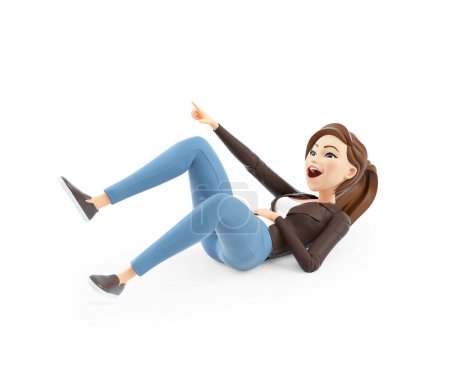 Photo for 3d cartoon woman rolling on the floor and laughing, illustration isolated on white background - Royalty Free Image