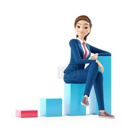 Photo for 3d cartoon businesswoman sitting on bar graph, illustration isolated on white background - Royalty Free Image