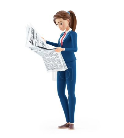 Téléchargez les photos : Femme d'affaires de bande dessinée 3d debout et lisant un journal, illustration isolée sur fond blanc - en image libre de droit