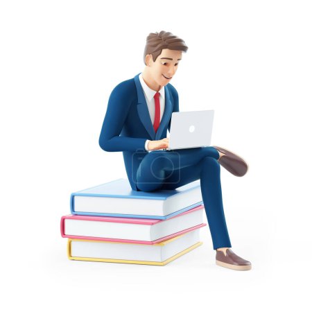 Téléchargez les photos : Homme d'affaires dessin animé 3d assis sur des livres avec ordinateur portable, illustration isolée sur fond blanc - en image libre de droit