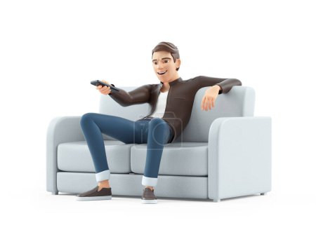 3d hombre de dibujos animados sentado en sofá y zapping, ilustración aislada sobre fondo blanco