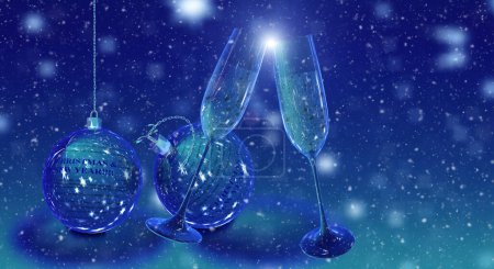 Photo for Champaign glasses xmas christmas balls with wishes text on it stars isolated - 3d rendering - Royalty Free Image