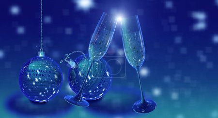 Photo for Champaign glasses xmas christmas balls with wishes text on it stars isolated - 3d rendering - Royalty Free Image