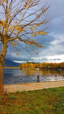 Foto de Ioannina ciudad en temporada de invierno con árboles de platano amarillo al lado del lago barcos pamvotis en el muelle norte de Grecia - Imagen libre de derechos