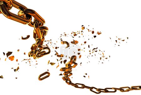 chain  golden in front of fire  breaking break chain horizontal silver broken shuttered many pieces - 3d rendering