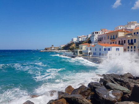 andros island greece, andros city capital of the island in windy summer day