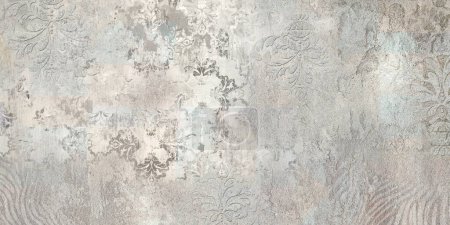 Grunge concrete wall with ornaments and prints. Digital tiles design. 3D render Colorful ceramic wall tiles decoration. Abstract damask patchwork background. High quality photo