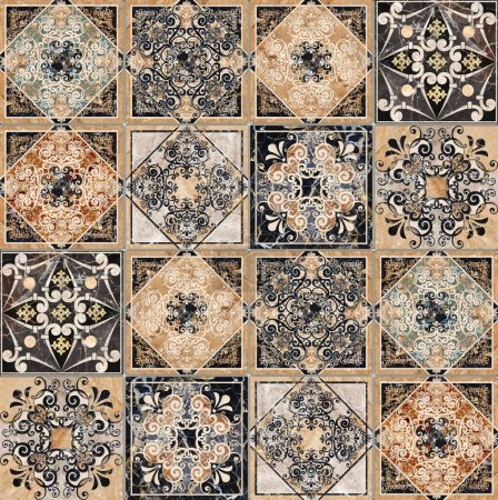 Digital tiles design. Abstract damask patchwork seamless pattern Vintage tiles . High quality photo