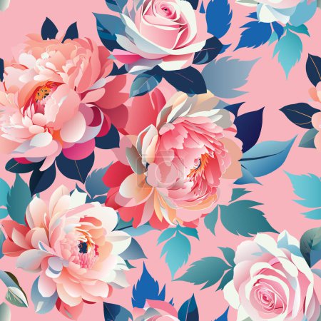 Illustration for Roses and peonies with leaves seamless reversible pattern. Fabric clothes vintage decorative print. Hand drawn vector flower abstract background. - Royalty Free Image