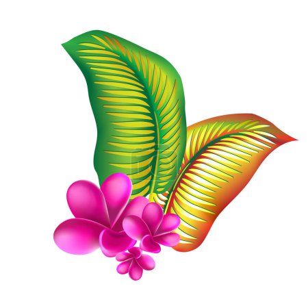 Feuilles de palmier monstère avec hibiscus et fleurs plumeria rose fond abstrait. Été tendance imprimé de fleurs exotiques. Ensemble de fleurs exotiques tropicales.