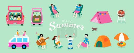 Illustration for Collection of people have outdoor activities for camping in summer - BBQ, play guitar, sunbathe and reading books - Royalty Free Image