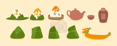 Illustration for Collection of rice dumpling, dragon boat, wine and tea - Royalty Free Image