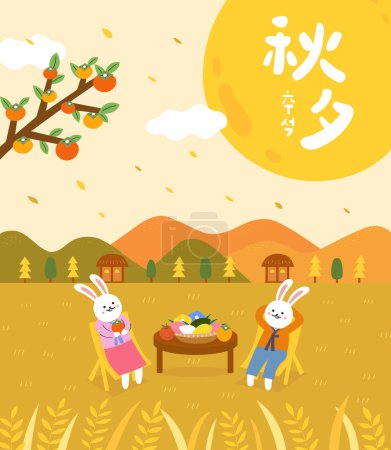 Ilustración de Luna conejo tener un picnic en el campo en el otoño - Imagen libre de derechos