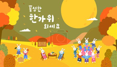 Moon rabbit have a picnic in the autumn. Moon rabbits hands holding together and stand around a Korean gift box.