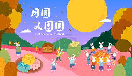 Übersetzung - Mittherbstfest für Taiwan. Mondkaninchen halten die Hände zusammen und stehen um einen großen Mondkuchen herum. Mondhasen feiern Mondfest im Wald