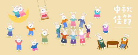 Ilustración de Traducción - Festival de mediados de otoño. Conjunto de lindos conejos de jade para Monn Festival. Luna conejos colección - Imagen libre de derechos