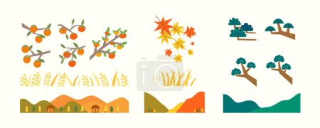 Téléchargez les illustrations : Ensemble de plantes, arbres et montagnes pour chuseok - en licence libre de droit